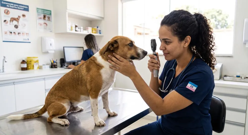 Veterinária examina cão em clínica no Espírito Santo. Com a nova Lei Estadual nº 12.653/2025, os profissionais de saúde animal devem notificar indícios de maus-tratos às autoridades. Crédito da foto: Imagem IA / Divulgação