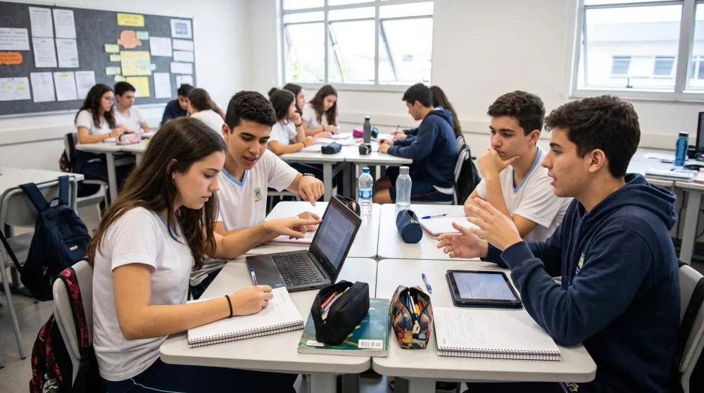 Estudantes trabalham em grupo utilizando Inteligência Artificial como apoio à aprendizagem em sala de aula. (Foto: Acervo / Ilustrativa / Divulgação)